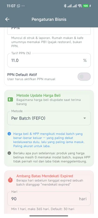 Bagian Metode Update Harga Beli di Pengaturan Bisnis dengan pilihan Per Batch (FEFO) beserta penjelasannya