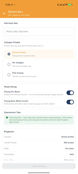 Halaman Opname Baru dengan Nama Sesi Opname, pilihan Cakupan Produk, sakelar Hitung Per Batch dan Hitung Buta, catatan Operasional Toko, dan Ringkasan