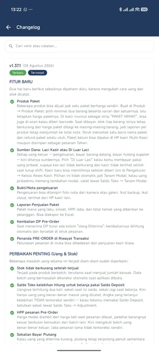 Halaman Changelog dengan kolom pencarian, judul versi beserta tanggal rilis, penanda Terbaru dan Terinstall, serta daftar perubahan berkelompok
