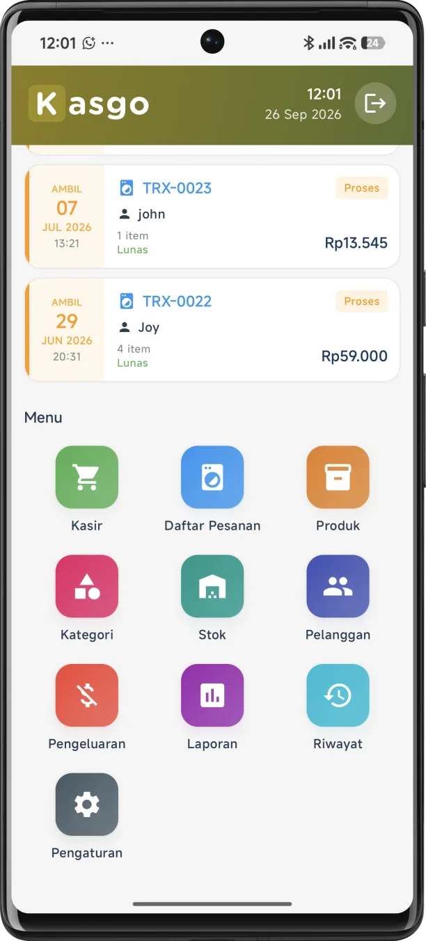 Tampilan aplikasi Kasgo Laundry